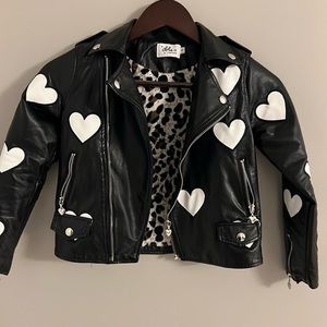 Black faux leather jacket girls size 8 EUC with hearts Lola and the Boys brand
